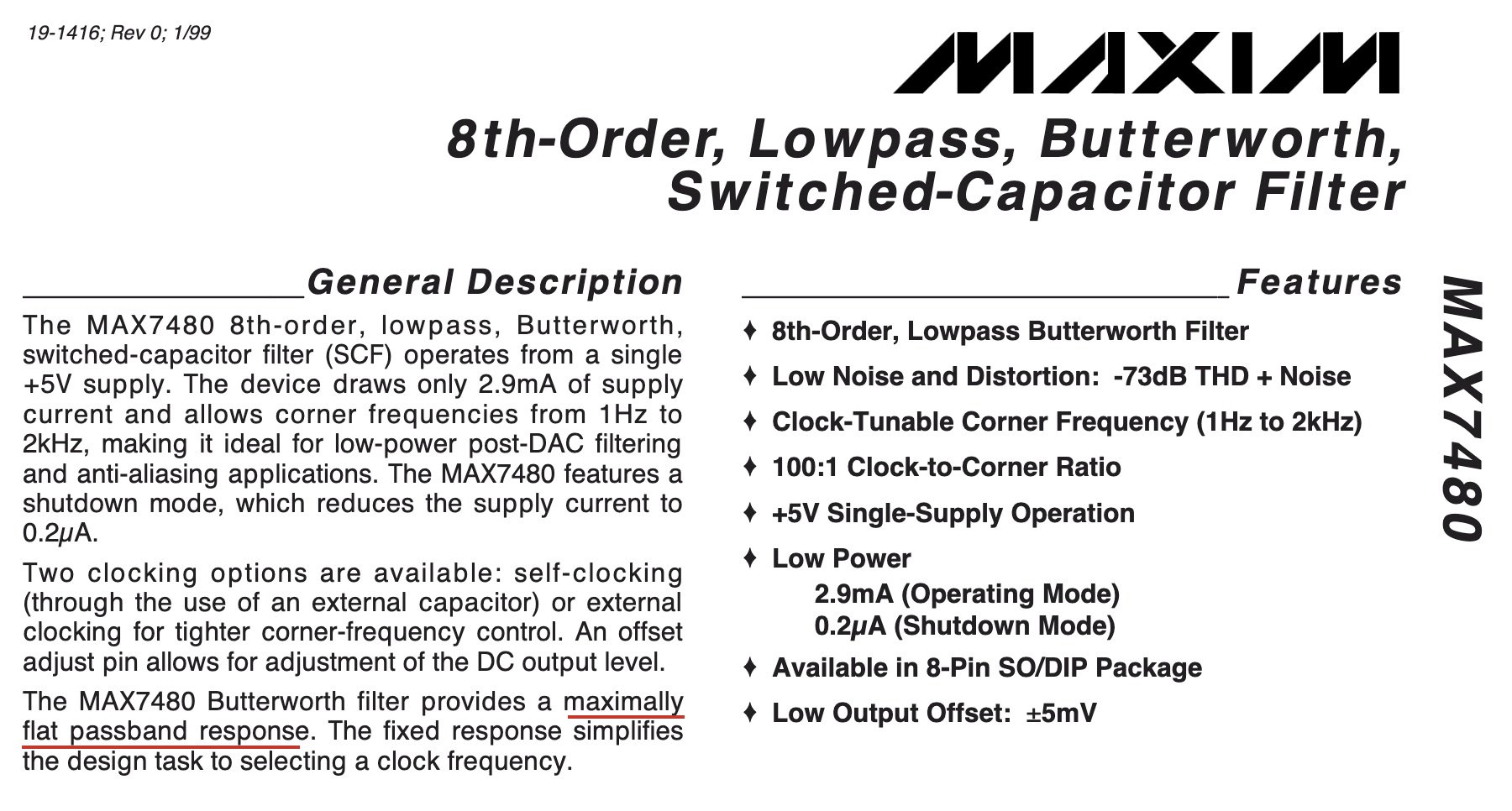 Header of the MAX7480 datasheet: 8th-order, lowpass, Butterworth, switched-capacitor filter, with the phrase maximally flat passband response underlined.